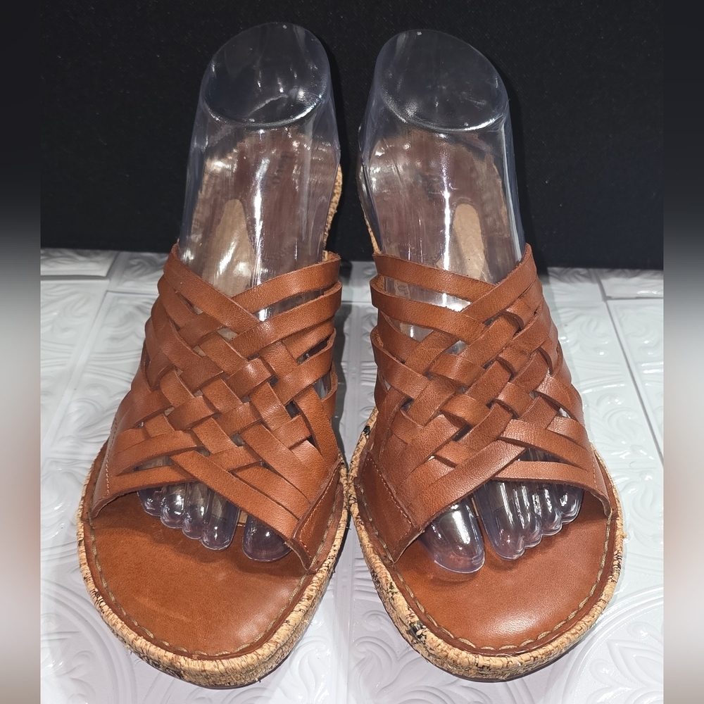 Born Drilles Turbie Cognac Brown Leather Braided Wedge Sandals